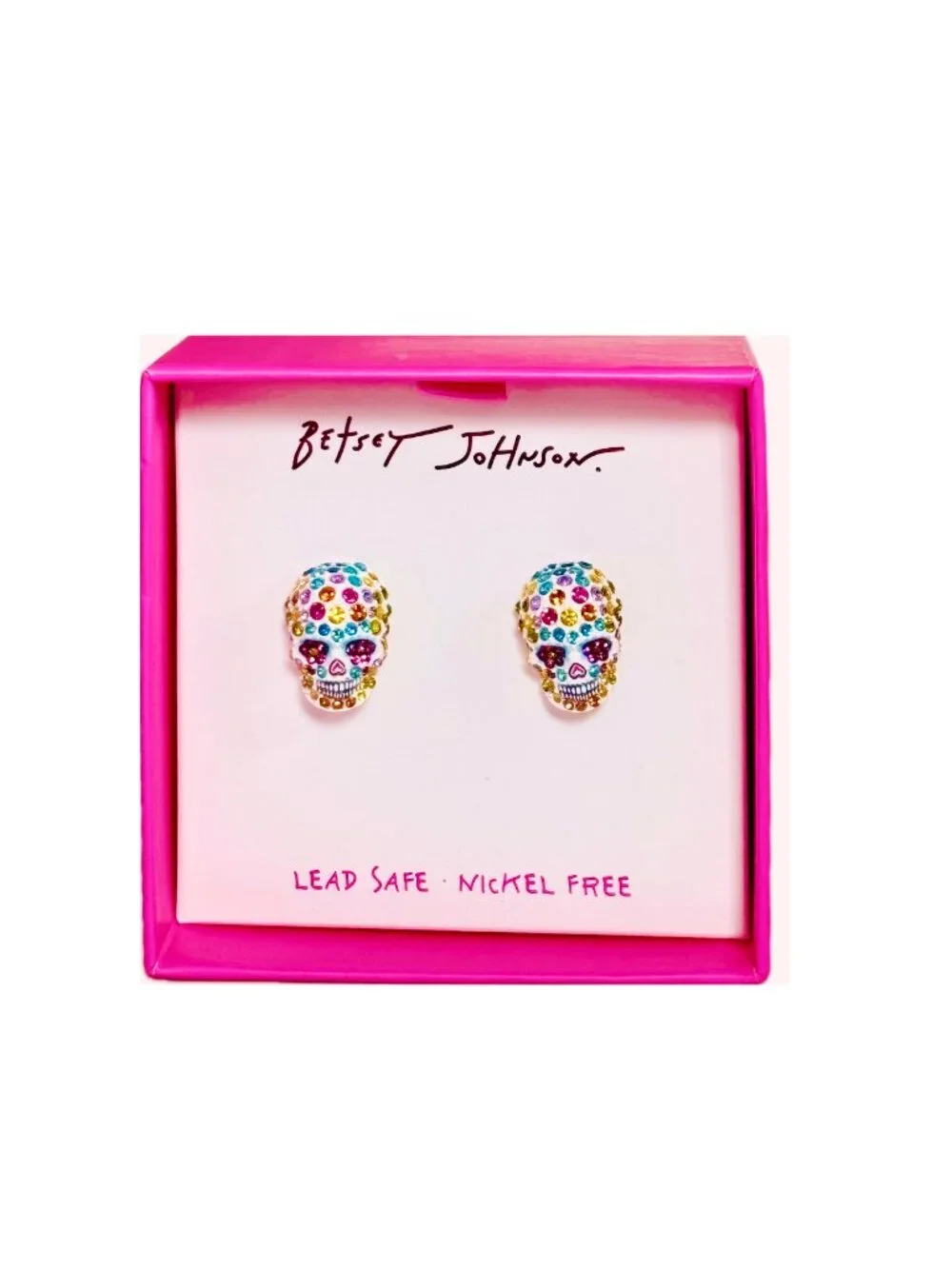 Betsey Johnson Sugar Skull Stud Earring Colorful Pave Crystal Dia De Los Muertos